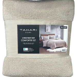 Tahari 3 Piece Teddy Knit Tan Full/Queen Comforter Set 88”x88”